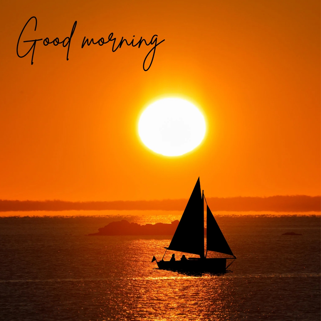 Bright sunrise horizon with sailboat and “Good morning”