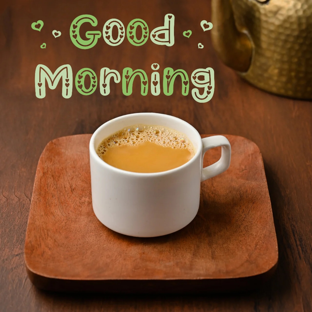 Cup of tea on wooden coaster with “Good Morning” in green
A white teacup on a wooden coaster holding creamy tea, accompanied by “Good Morning” in cheerful green font.