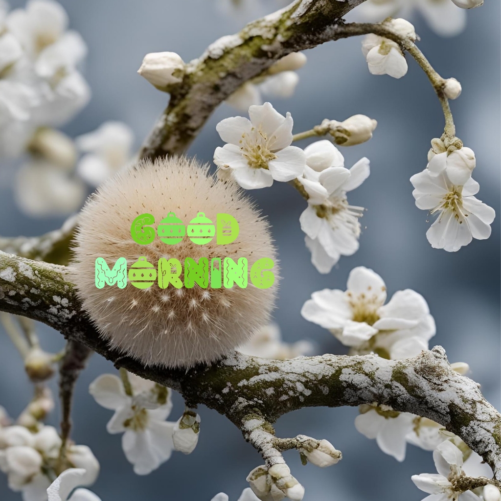 Soft white blossoms on frosted branch with “Good Morning” in green
A close-up of delicate white blossoms on a frosty branch with a “Good Morning” greeting in green decorative text